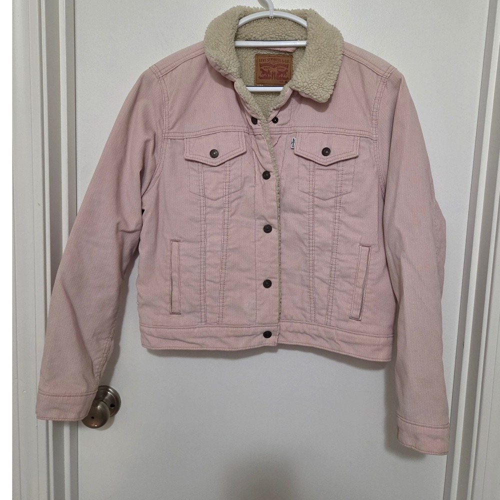 Levis Womens Pink Corduroy Sherpa Lined Trucker Jacket XL Light Pink Pastel